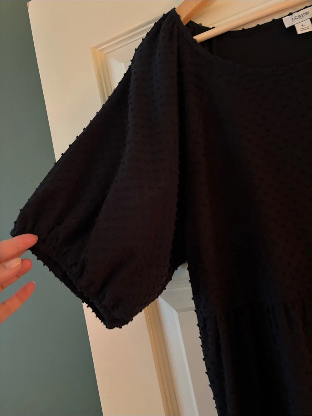 J. Crew Black Textured Tiered Midi Dress with Puff Sleeves